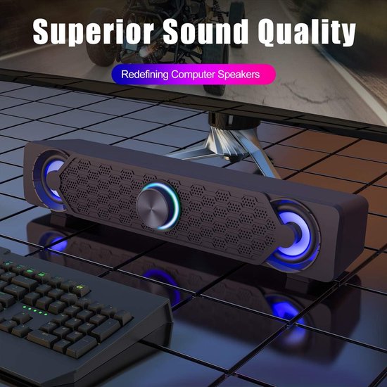 Computer Soundbar - PC Luidspreker - Muziek Luisteren - Coole LED Verlichting - Dubbele 5W Drivers - Zwart — afbeelding 4