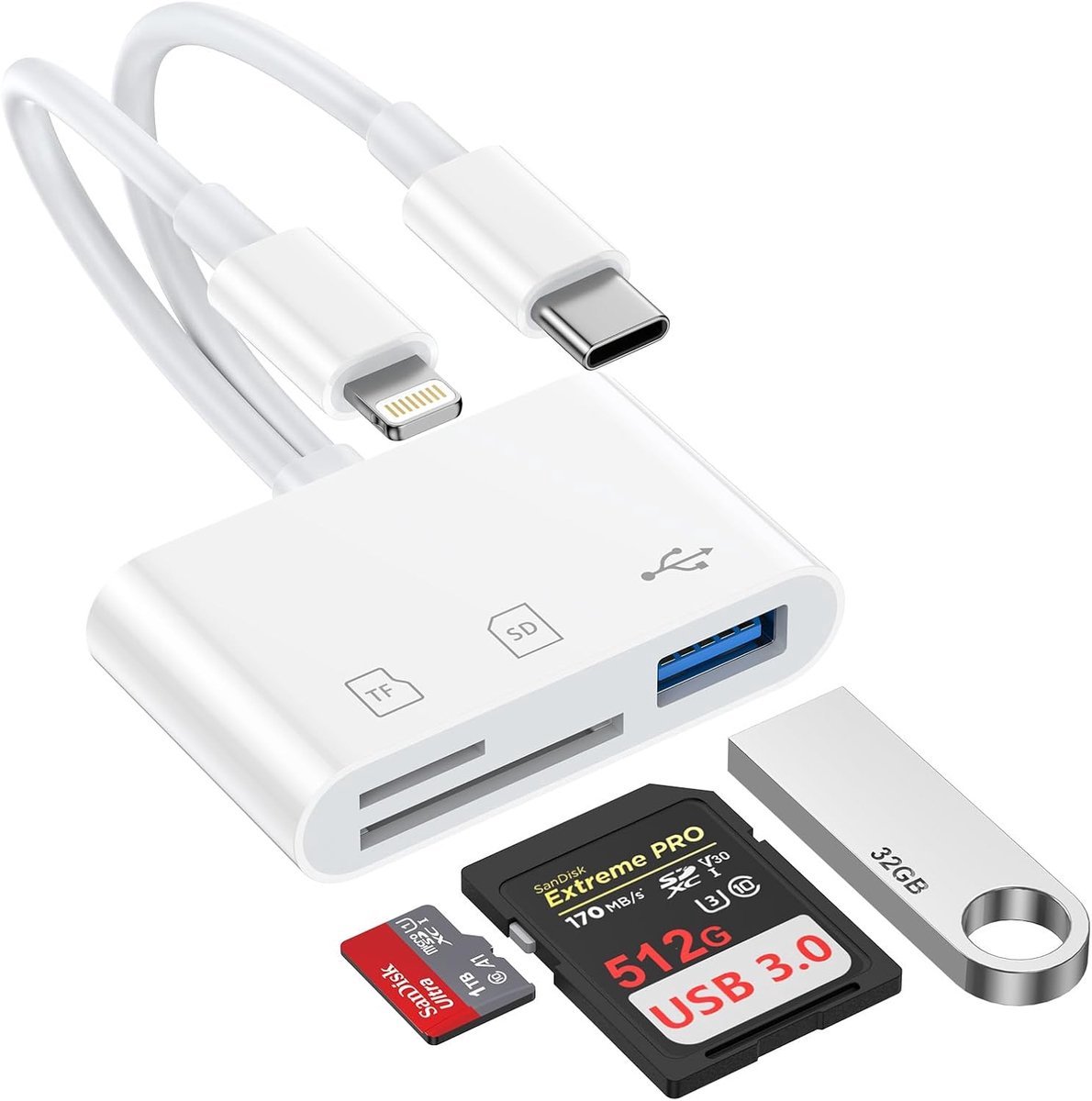 SD Kaartlezer met USB-C en Lightning, 3-in-1 Geheugenkaartlezer met SD- en MicroSD/TF-sleuf, Plug-and-Play geheugenkaartlezer,voor iPhone, Mac, iPad Pro, Galaxy S21/S22/S23