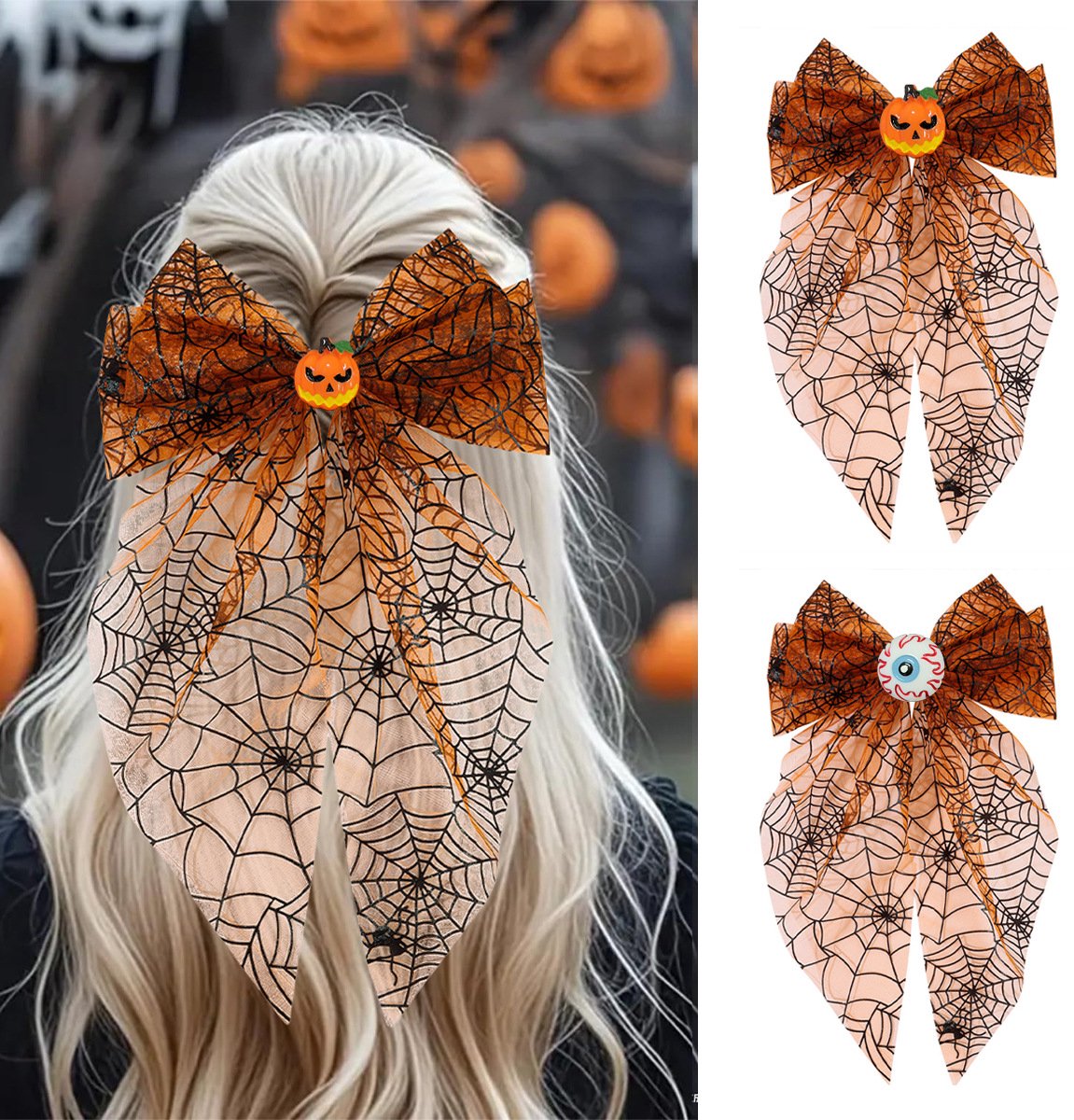 Halloween Haarclip Set - Grote Mesh Strik Haarspeld - Pompoen & Oog Design - Feestelijke Haaraccessoire voor Halloween, Cosplay & Feestjes - Kinderen & Volwassenen - Oranje/Zwart - 17x30cm - 2 Stuks