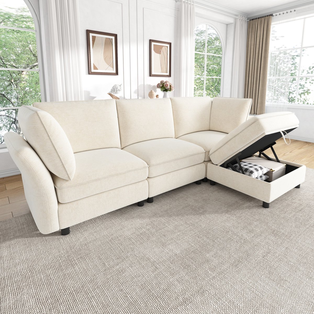 Sofa - Modulair L-vormig 4-zits met opbergpoef, cloud-soft zitcomfort, 2 armleuningskussens - 225x137x84 cm - Beige
