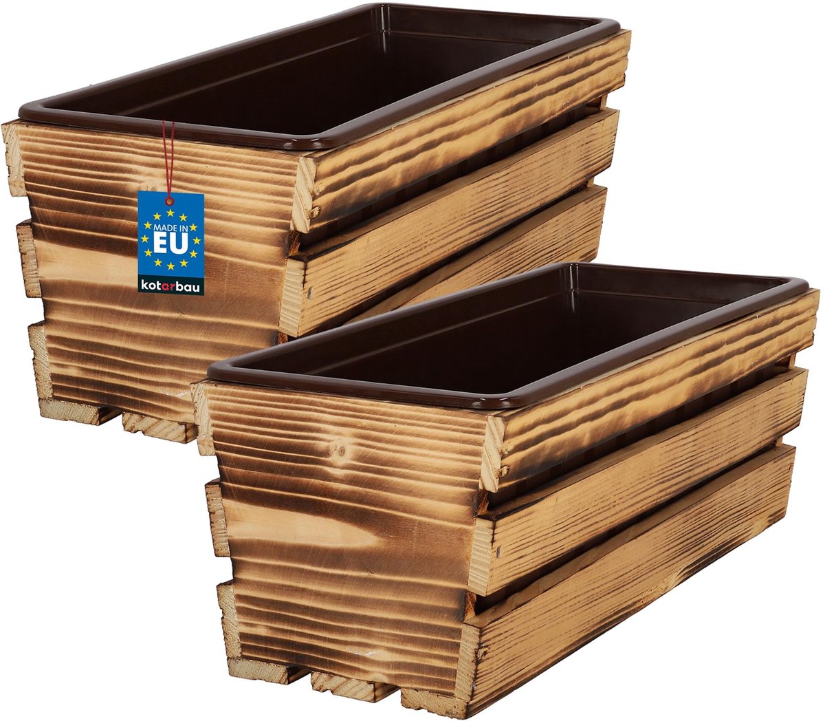 KOTARBAU® 2 Stuks - Houten Plantenbak - Bloembak Hout - met Kunststof Inzetstuk - Balkonbak - 40 x 18 x 15 cm - Rustiek - voor Terras - Balkon - Deko Planten