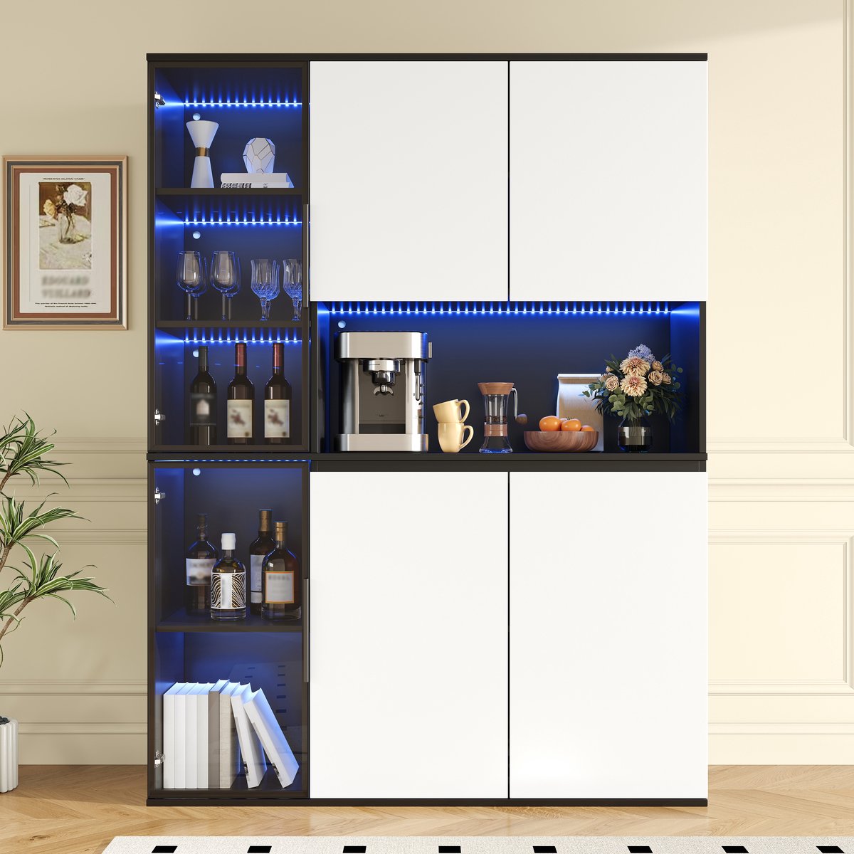 VVBV Vitrinekast - 120 x 40 x 160 cm, Zwart-Wit, LED-Verlichting, Glazen Vakken, MDF & Glas, Veel Opbergruimte
