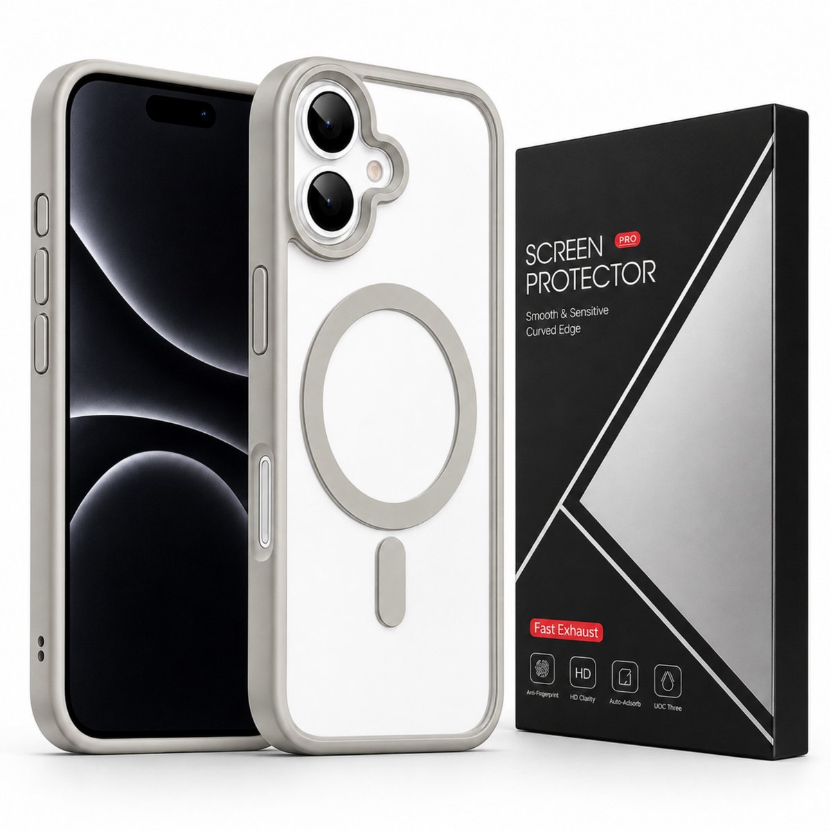 iPhone 16 Hoesje met MagSafe – Transparant met Grijze Rand – 3 Screenprotectors