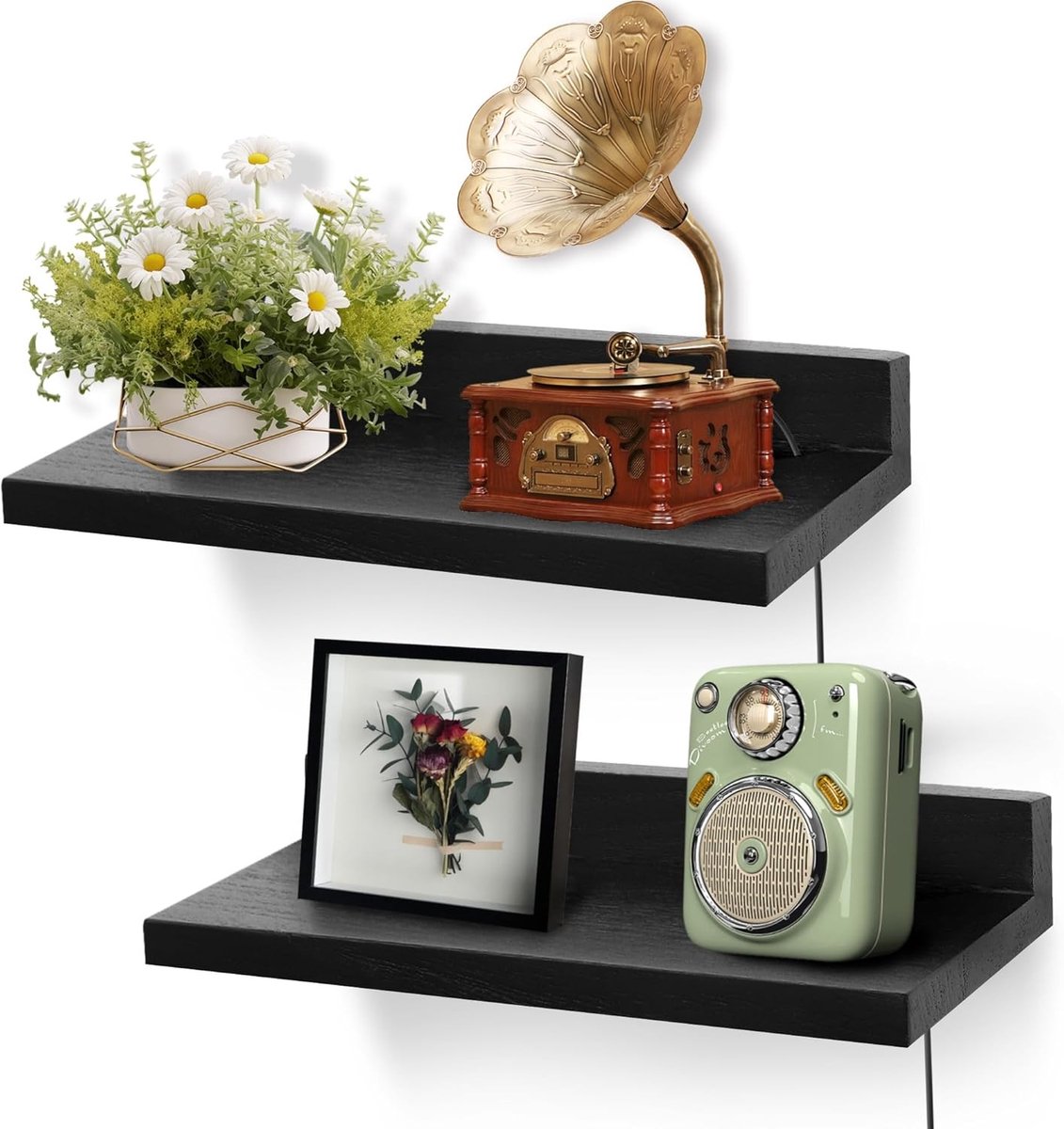 Wandplank van 23 cm met draadopening, ideaal voor camera's, routers en decoratie, 2 stuks (Zwart)