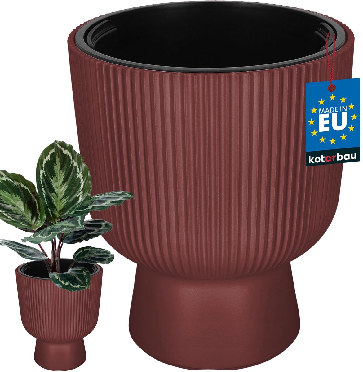 KOTARBAU® Bloempot - Plantenpot Ø 29 cm - met Binnenpot - Geribbelde Plantenbak - Plantenpot met Voet - Plantenbak - Kunststof - H: 36 cm - Marsala