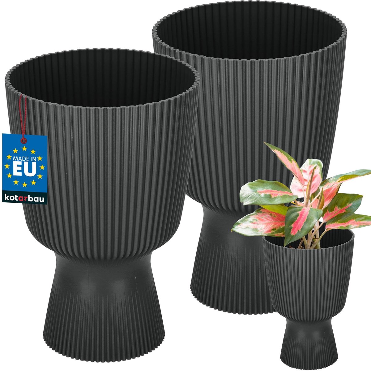 KOTARBAU® 2 Stuks - Bloempot - Plantenpot met Sokkel ⌀ 14 cm - PVC - Geribbelde Orchideeënpot - H: 21 cm - Zwart - Kelkvorm