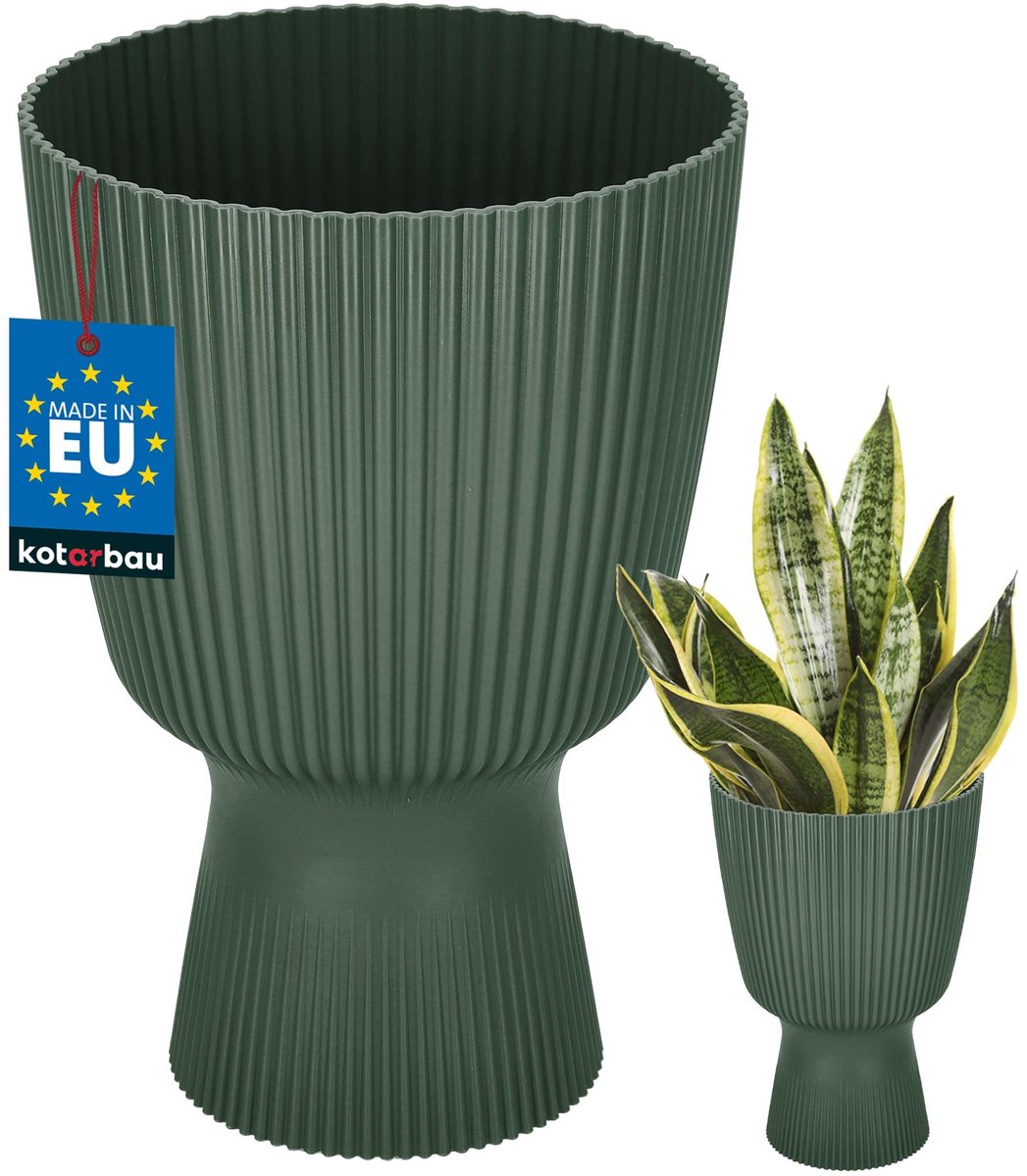 KOTARBAU® Bloempot - Plantenpot met Sokkel ⌀ 18 cm - PVC - Geribbelde Orchideeënpot - H: 27 cm - Groen - Kelkvorm