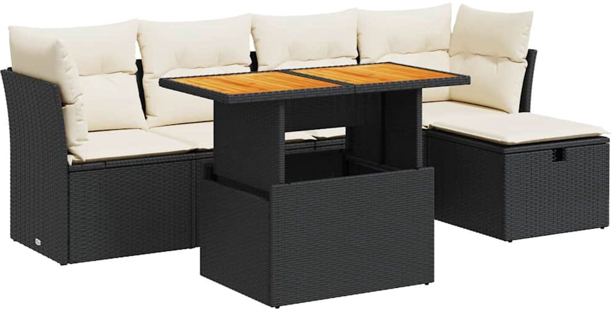 vidaXL 6-delige - Loungeset - met - kussens - poly - rattan - acacia - zwart Bruin