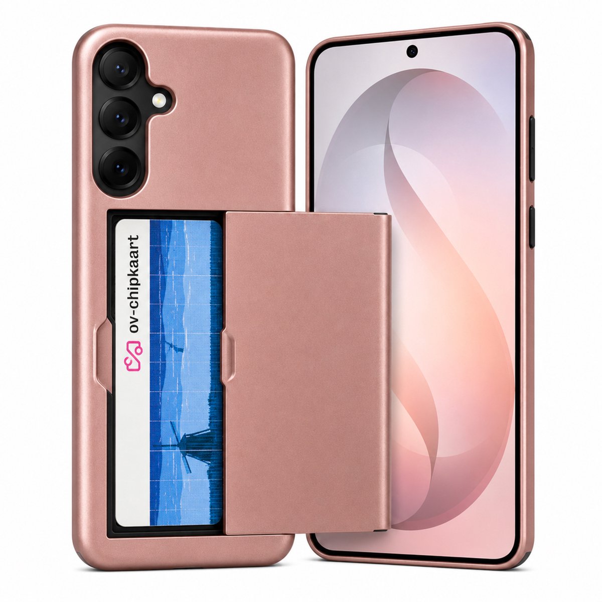 Hoesje met Pasjeshouder geschikt voor Samsung Galaxy S25 FE – Back Cover Slide Case – Roségoud – Kaarthouder – Schuifsysteem