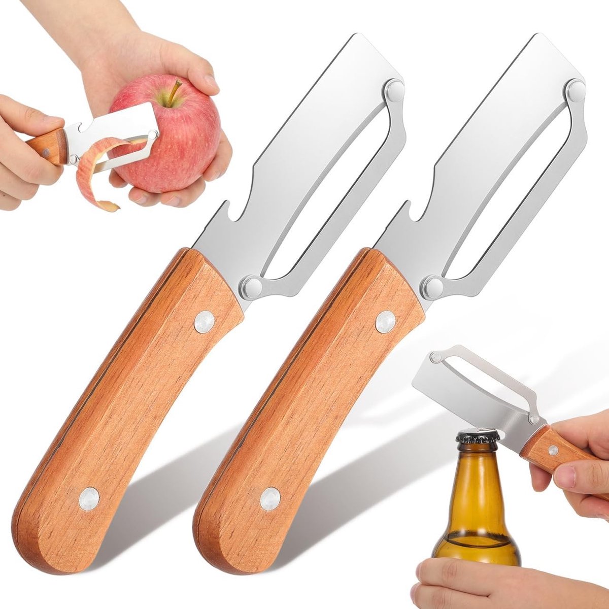 Set van 2 multifunctionele aardappelschillers met flessenverwijderaar en houten handvat voor groenten en fruitbereiding, ideaal voor de keuken