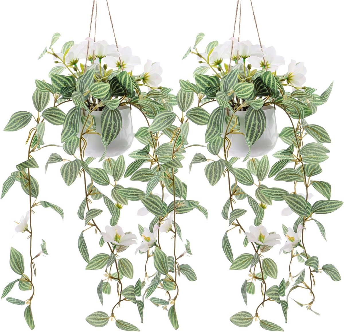Natuurlijke Kunstplanten voor Binnen en Buiten | Faux Hangplanten met Witte Bloemen voor Slaapkamer, Badkamer en Bruiloft Decoratie | Realistische Muurdecoratie en Planten voor Thuis en Tuin