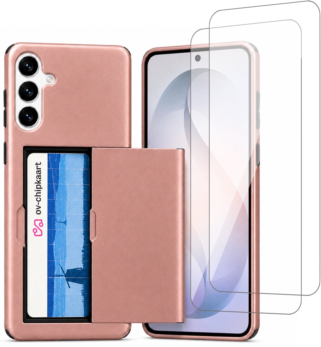 Hoesje met Pasjeshouder geschikt voor Samsung Galaxy S26 Plus – Back Cover Slide Case – Roségoud – 2 Stuks Screenprotector Glas