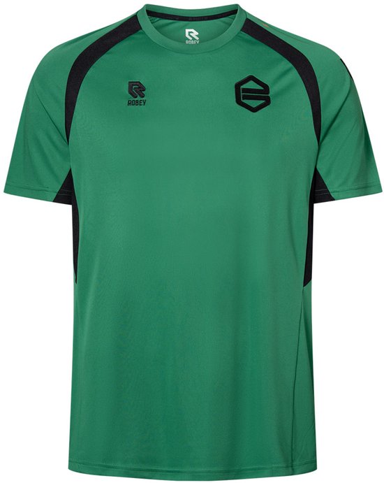 Groen sportshirt met zwart logo op de borst en zwarte accenten op de schouders en zijkanten. Robey logo op de kraag.