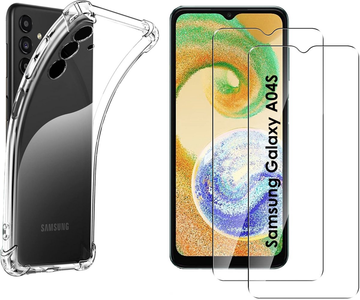 Hoesje geschikt voor Samsung Galaxy A04S backcover Shockproof siliconen Transparant en 2 stuks Screenprotector Gehard Glas