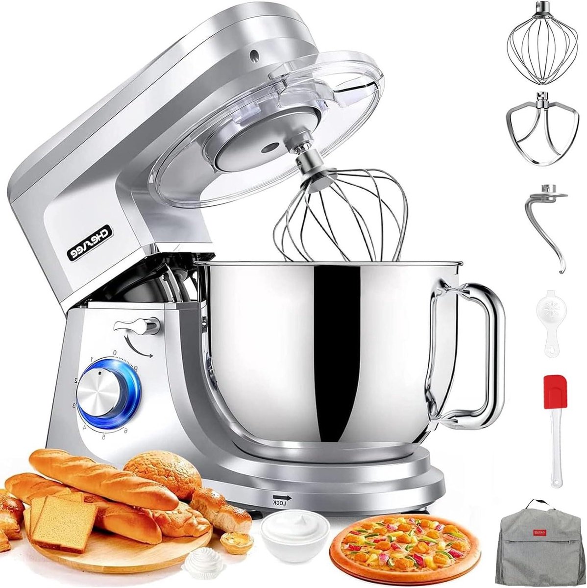 Keukenmachine - Mixer Deegmaker - Bakken en Koken - Krachtige 1800W Motor - 7.2 Liter Kom - Zilver