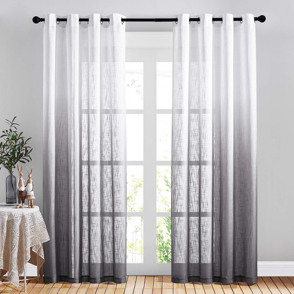 ECTEATOY® Gordijnen - Vitragegordijnen linnenlook met Kleurverloop - Lichtdoorlatend - 132 x 213 cm - Grijs - 2 Stuks