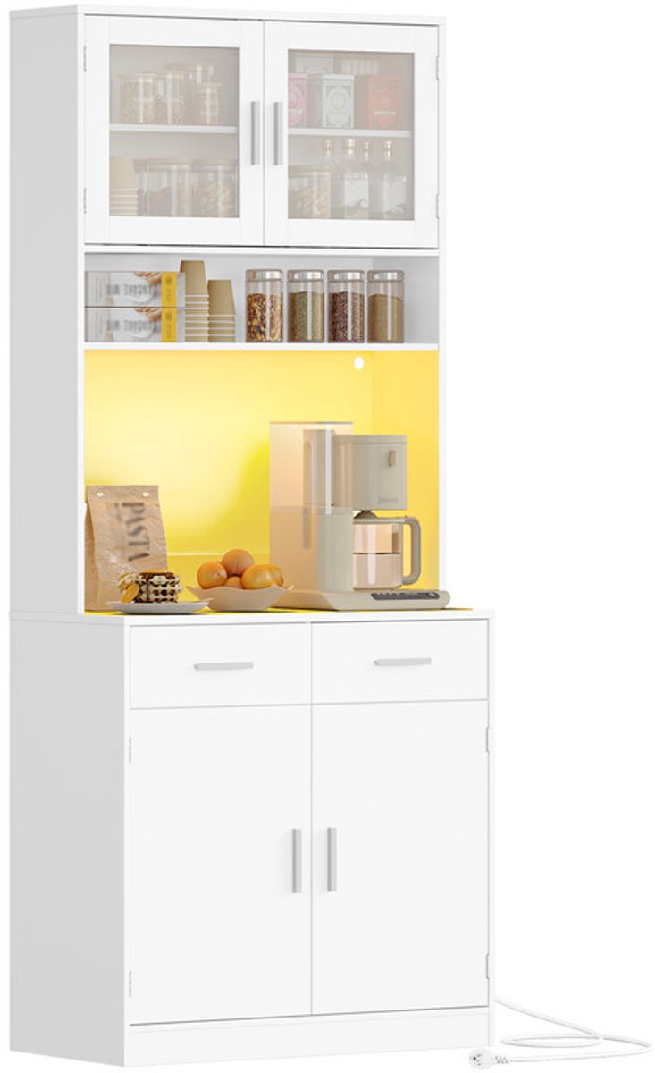 Hzuaneri Buffetkast, Keukenkast Met 2 Lades, Hoge Kast Met Stekkerblok en Ledverlichting, 2 Kastdeuren Met Glazen Front, Voor Keuken of Woonkamer, 40 x 80 x 190 cm, Wit