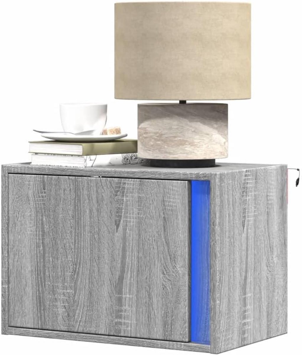 Wandkastjes met LED - Nachtkastjes Zijkastjes - Slaapkamer Organisatie - Ruimtebesparend Wandmontage - 2 stuks 50x31x35 cm - Grijs Sonoma