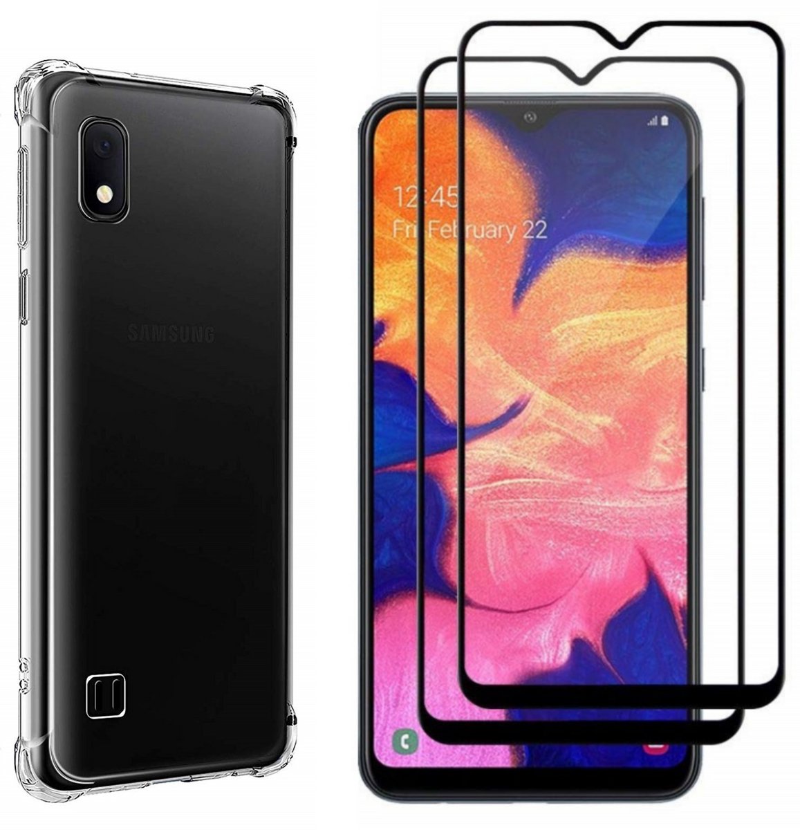 Hoesje geschikt voor Samsung Galaxy A10 backcover Shockproof siliconen Transparant en 2 stuks Screenprotector Gehard Glas