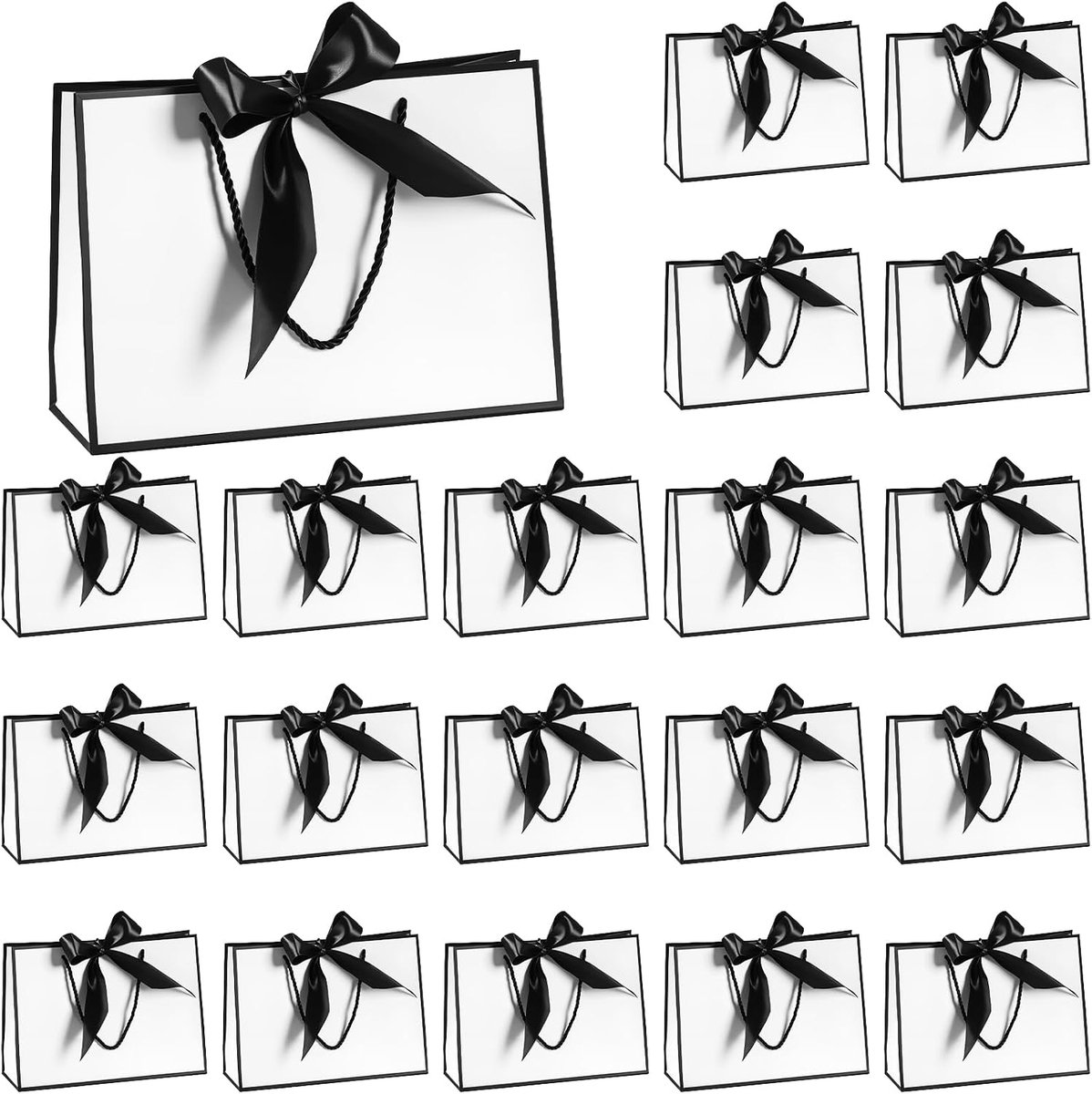SnelShoppen - 20 Stuks Luxe Papieren Geschenkzakken met Strik Rlibbon - 32 x 25 x 11 cm - Zwart-Wit - Voor Bruiloft, Verjaardagsfeestje en Cadeaus