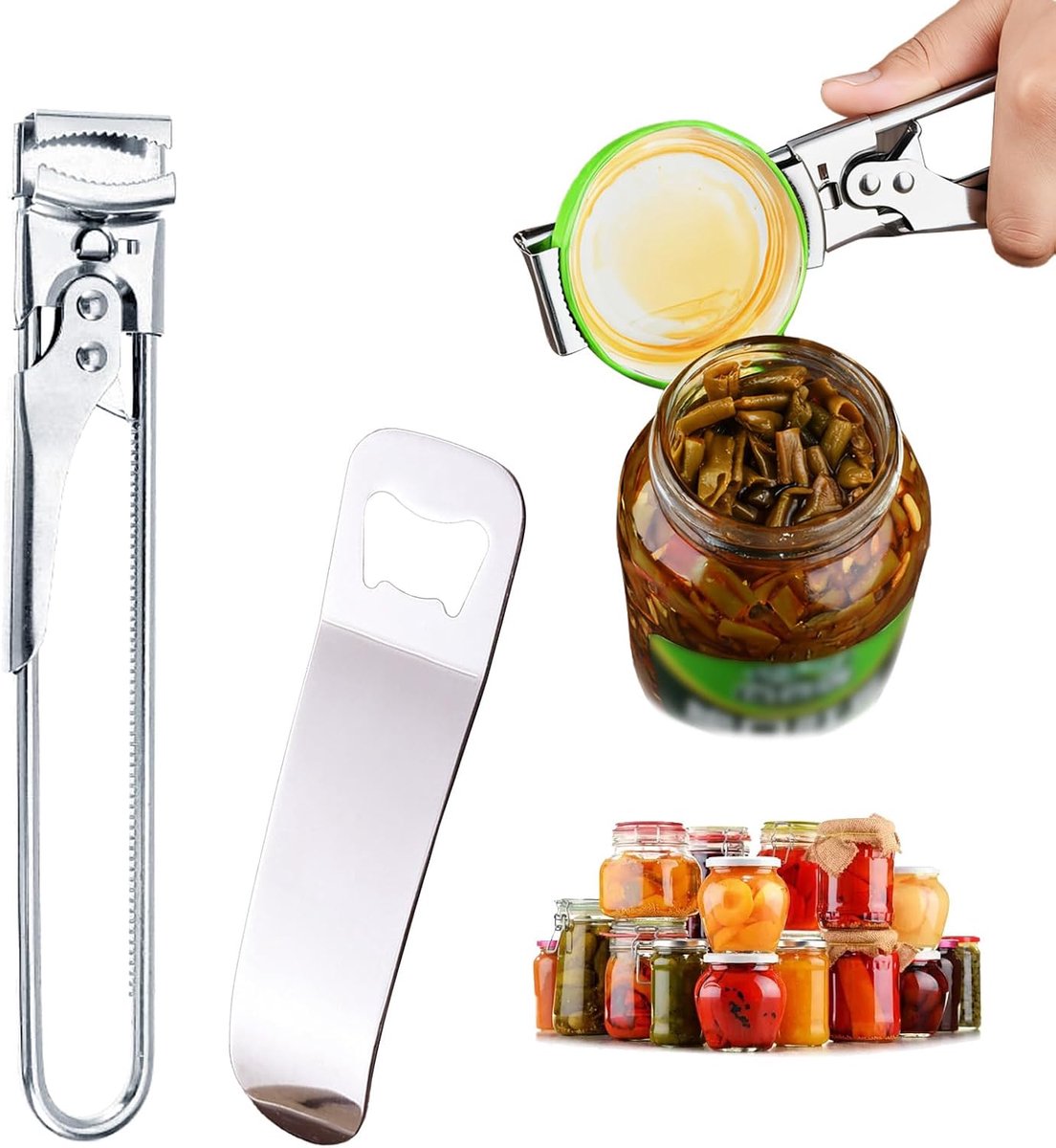 SnelShoppen - RVS Blikopener en Flesopener Set, Verstelbare Handmatige Blikopener met Ergonomische Handgreep, Multifunctionele Glazen Dekselopener voo