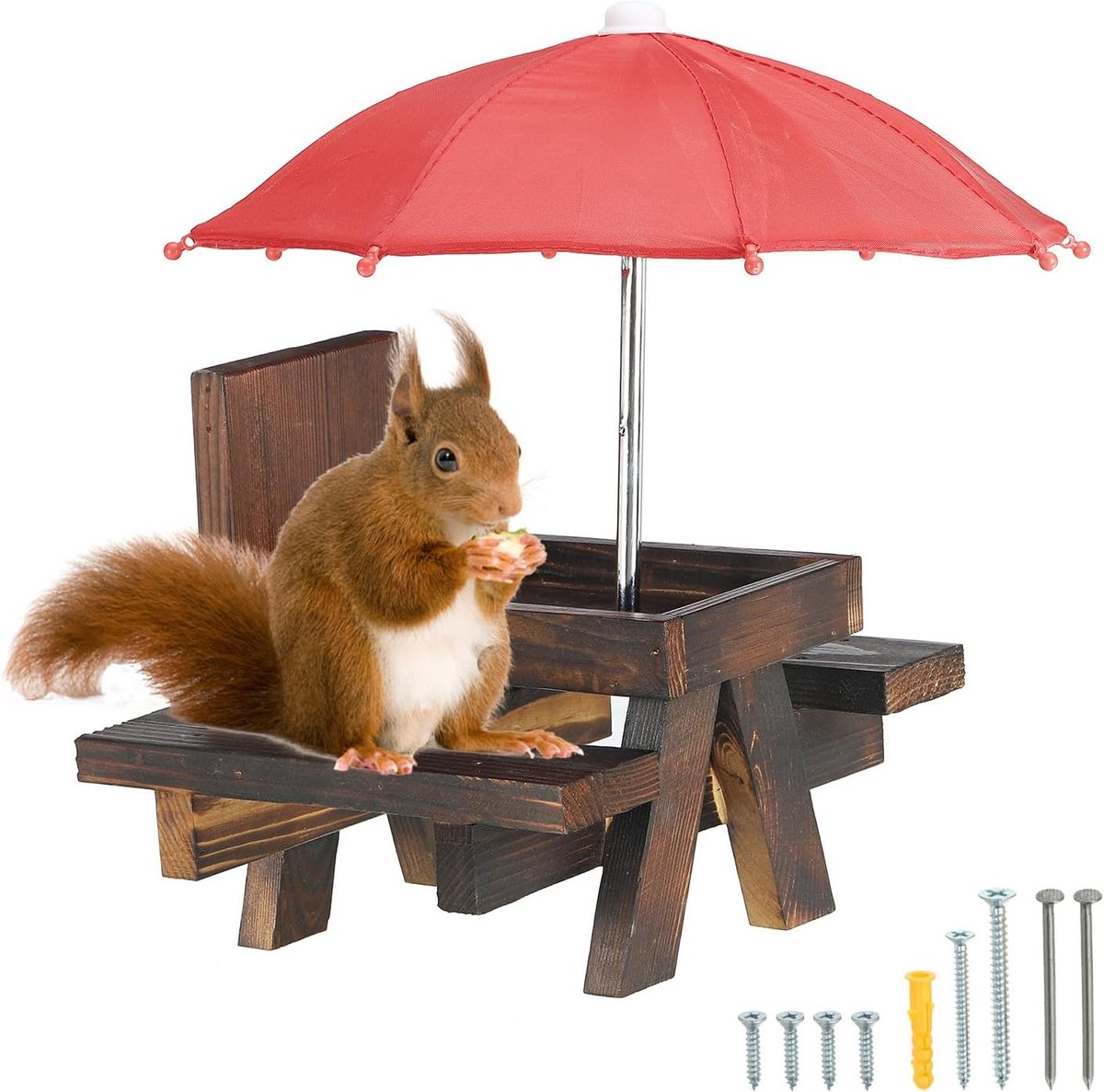 SnelShoppen - Eekhoornvoeder Picknicktafel met Rode Parasol, Houten Eekhoorn Feeder voor Buiten, Tuin, Achtertuin, Donkerbruin, 18x21x28cm