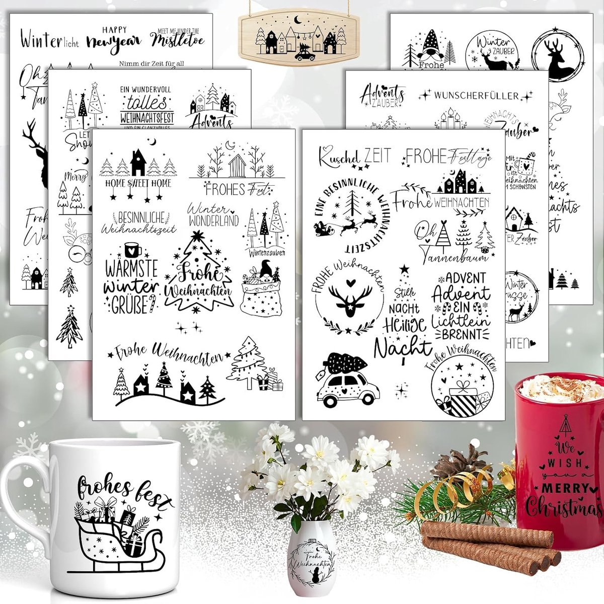 SnelShoppen - Set van 6 Rub On Stickers voor Kerst, Kerstgroeten, Transferfilm voor Kaarsen, Meubels, Glas, Hout, Fotoalbum, DIY Kerstdecoratie, Aesth