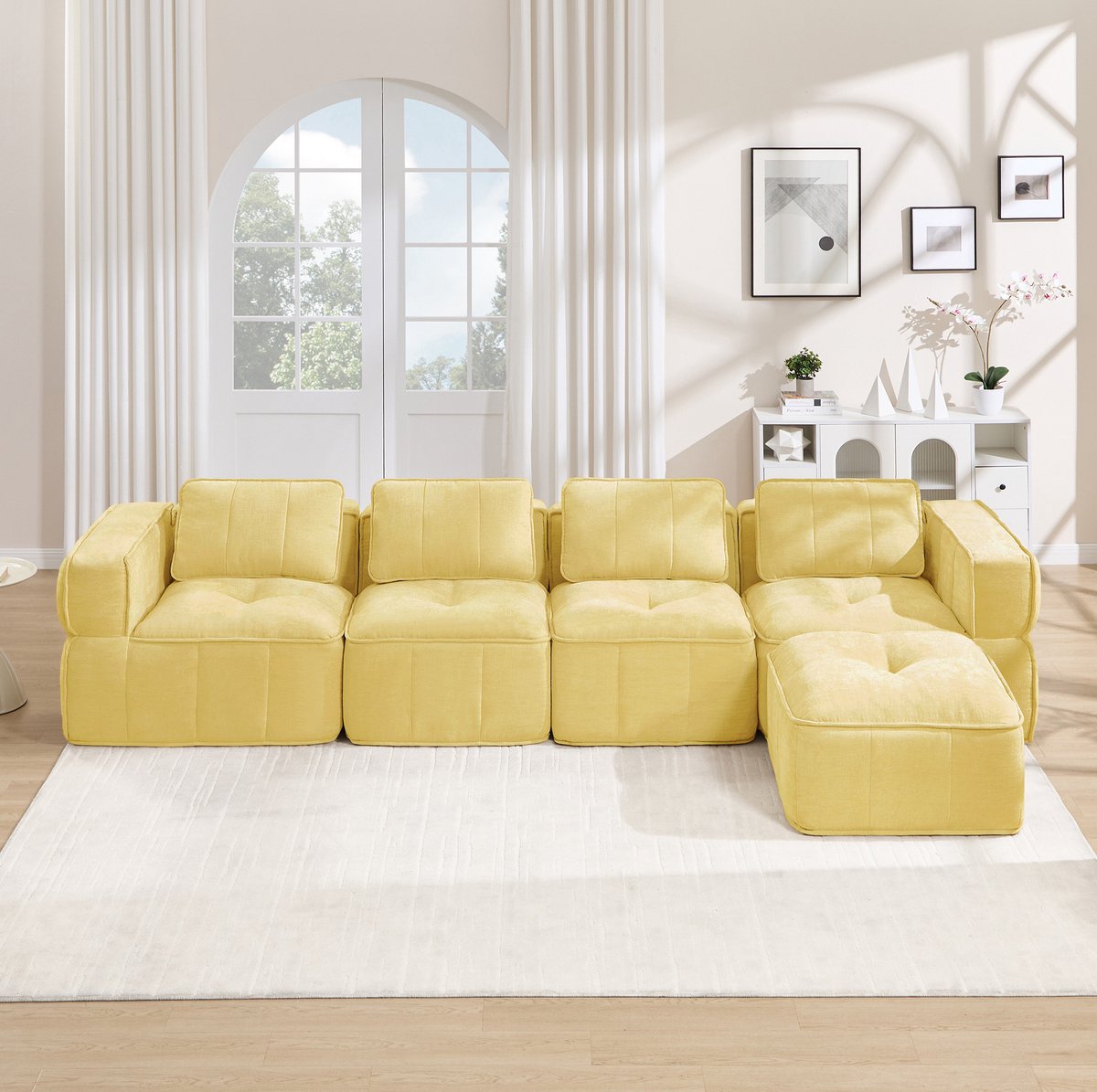 FloraGrace Hoekbank 4-Zits - Modulair L-Vormig Met Hocker - Diepe Zitting En Brede Armleuningen - Voor Woonkamer En Lounge - Polyester - Geel