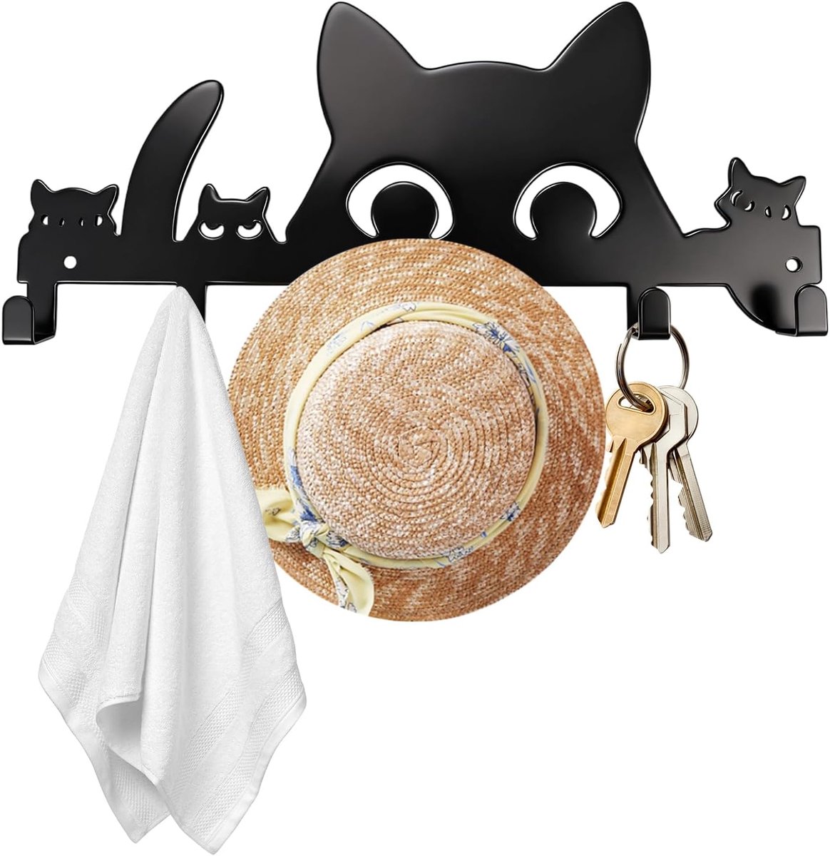 SnelShoppen - Wand Sleutelhouder, Schattige Kat Sleutelhaak, Moderne Sleutelplaat met 6 Haken, Zwarte Sleutelrek, Metalen Sleutelbalk, Kat Sleutelbord