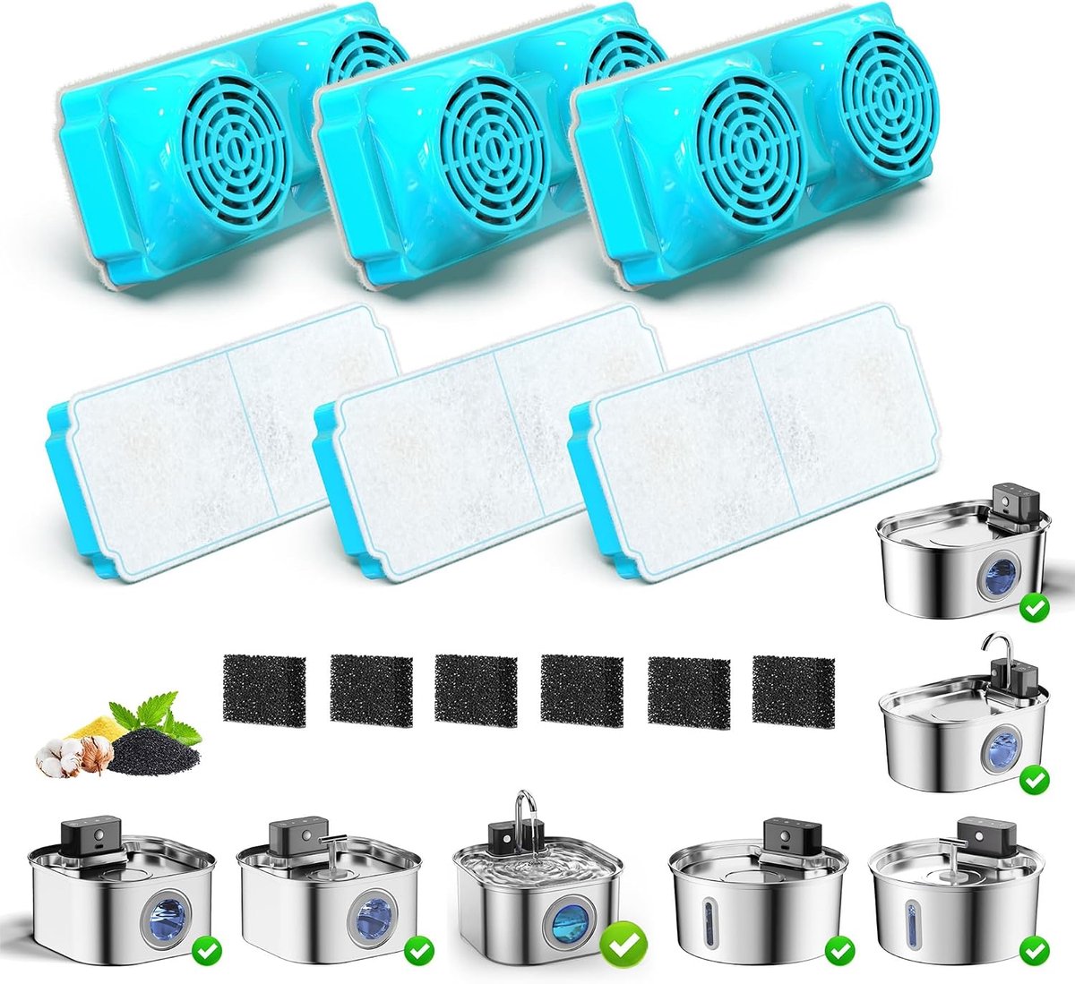 SnelShoppen - Vervangende Kattenfontein Filters, 6 Filters + 6 Sponsen, Filterset en Voorfilter Sponsen voor 3.2L Automatische Kitty Waterfontein