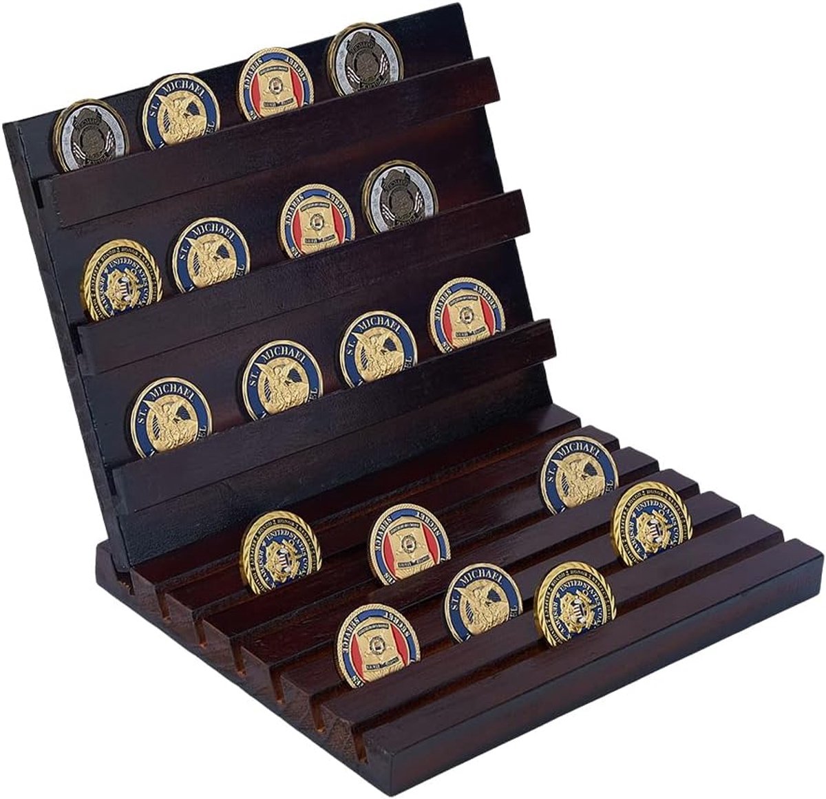 SnelShoppen - Houten Munthouder met 9 Rijen voor Uitdaging Munten, 23 x 19 x 19 cm, Koffiebruin, Perfect voor Verzamelaars en Tentoonstellingen