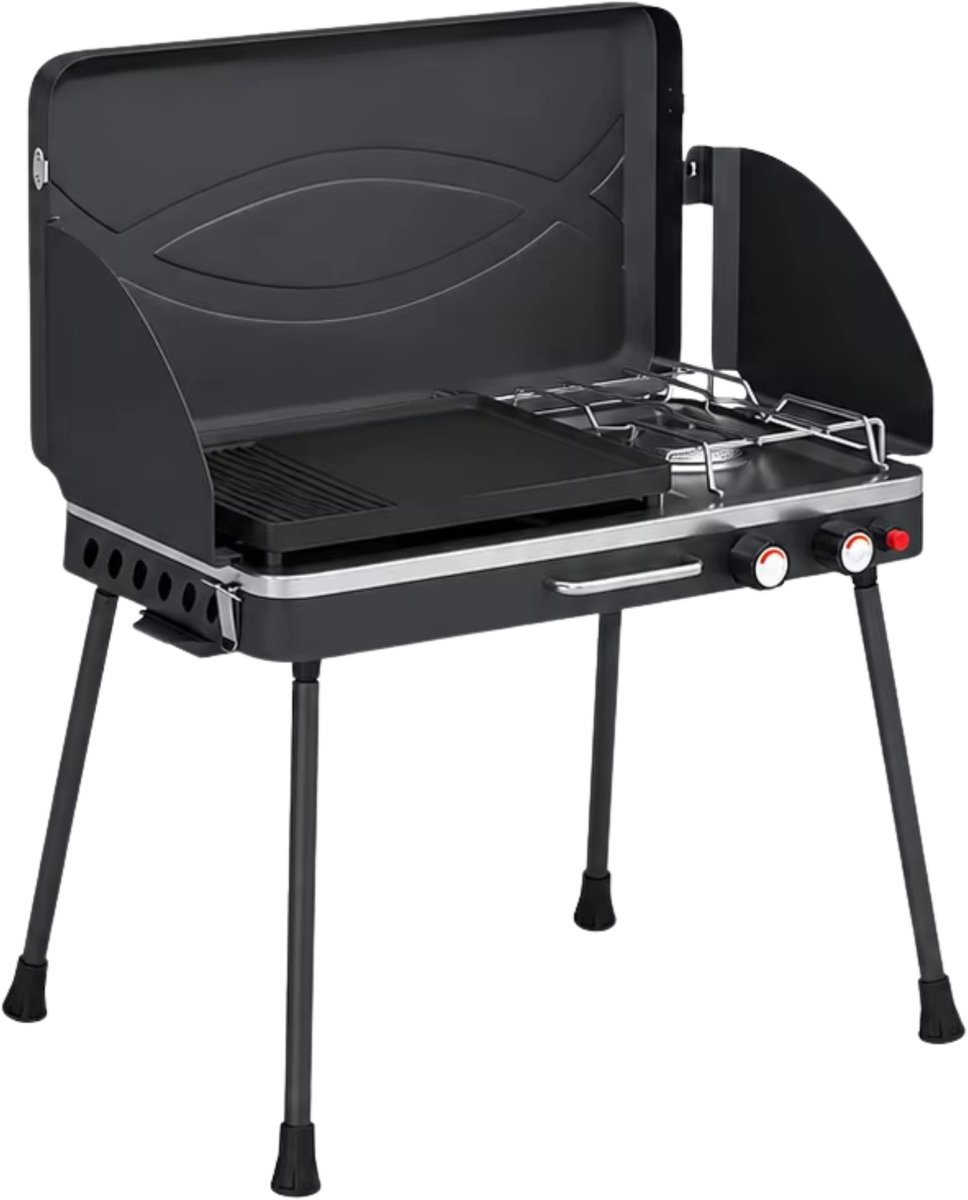 2-in-1 Gas BBQ Grill & Kooktoestel 7 KW Zwart – met Grillplaat & Brander