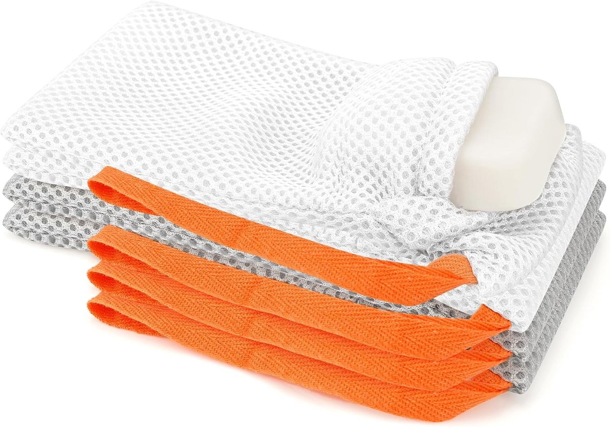 SnelShoppen - Set van 4 kleine zeepspaarzakjes - Zachte exfoliërende lichaamsspons met handlus - Gaasschuimschuimzak voor douchebad - Rechthoekig - Sn