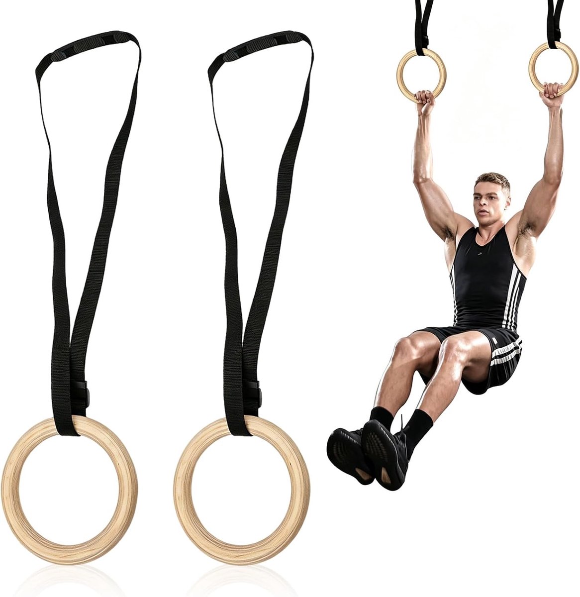SnelShoppen - Gymnastiek Ringen Houten Calisthenics Apparatuur voor Thuis Gym Volledige Lichaam Workout met Verstelbare Riempjes 350lbs Draagcapacitei