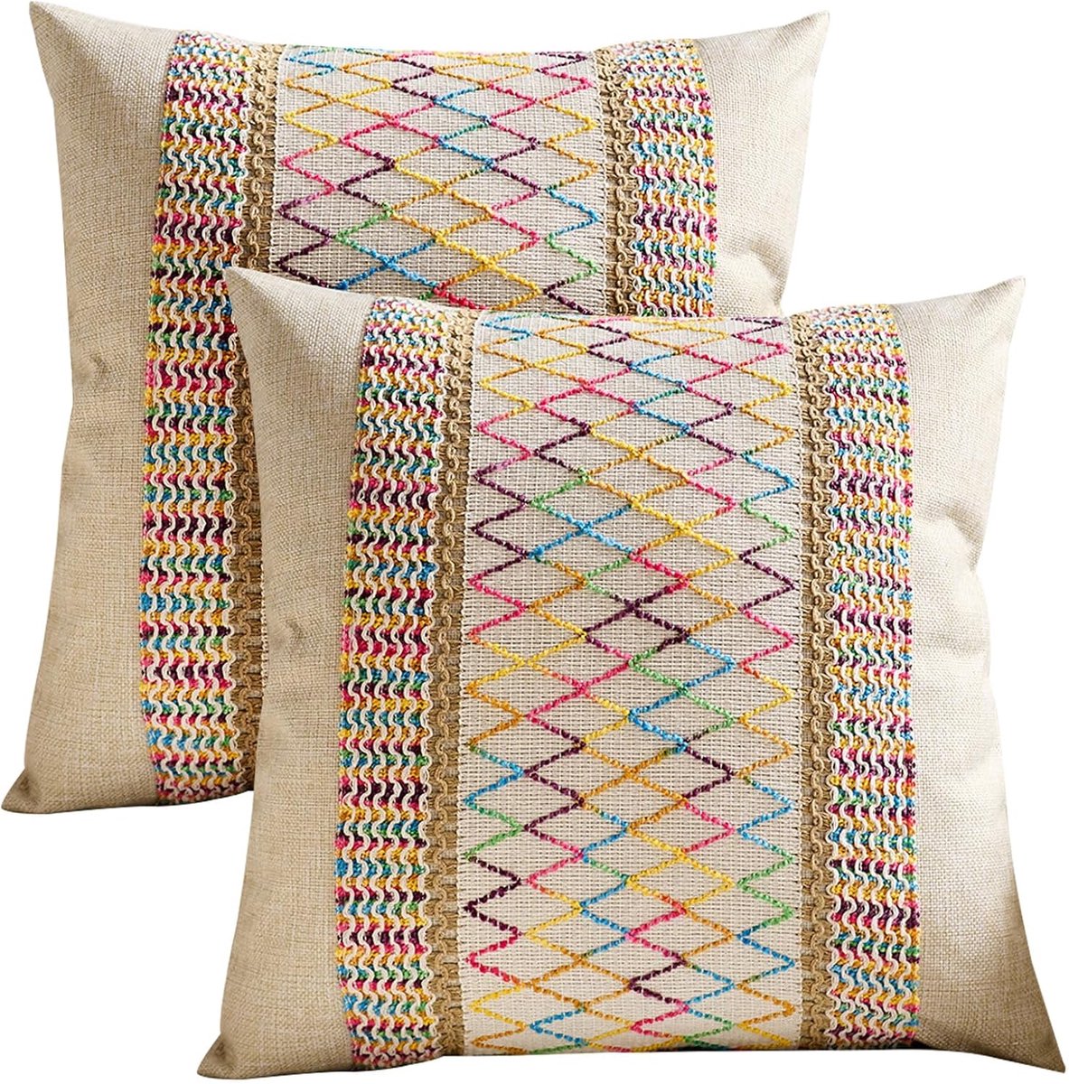 SnelShoppen - Decoratieve Kussenhoezen Set van 2 45 x 45 cm Multicolor Boho Haak Kussenslopen voor Bank Woonkamer