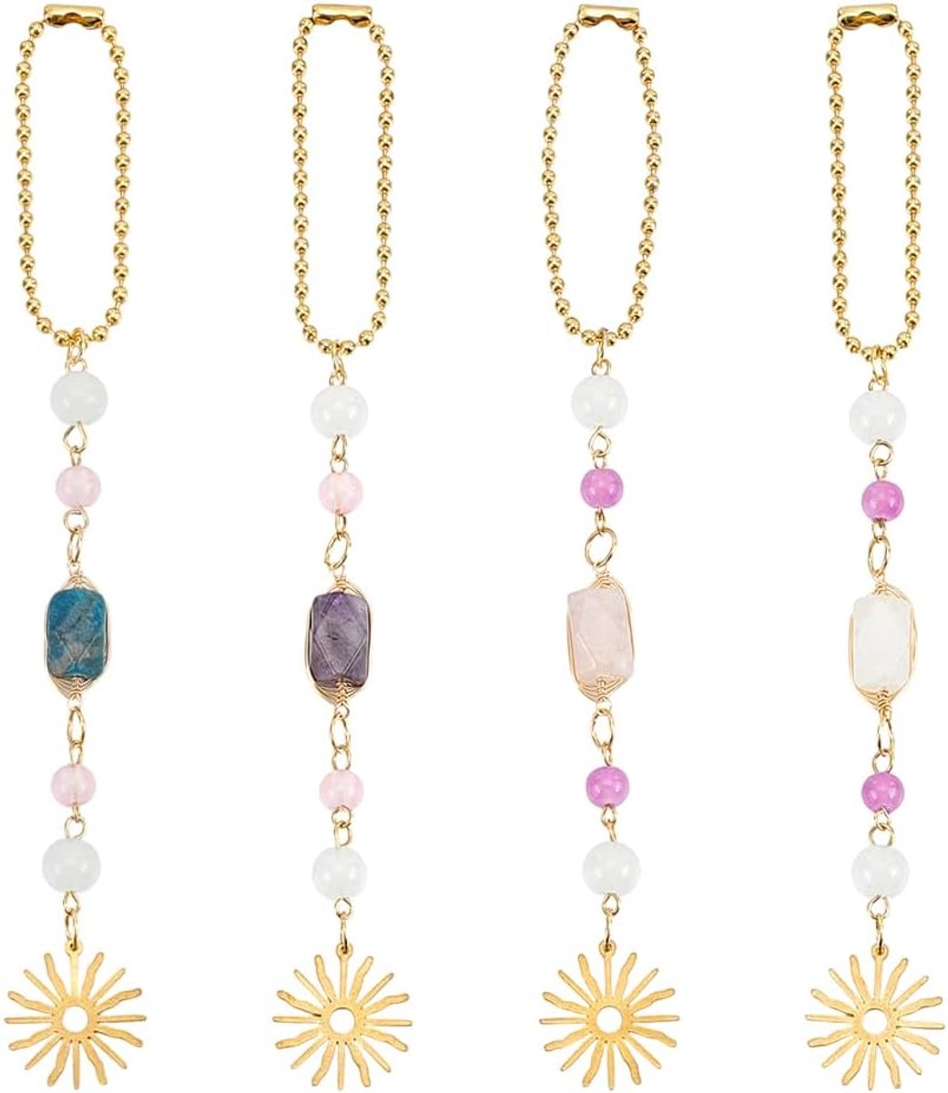 SnelShoppen - 4 Stuks Zonnige Hangende Auto Charms Boho Achteruitkijkspiegel Decoratie Handgemaakt Natuurlijke Kristallen Steentjes met Glas Accenten