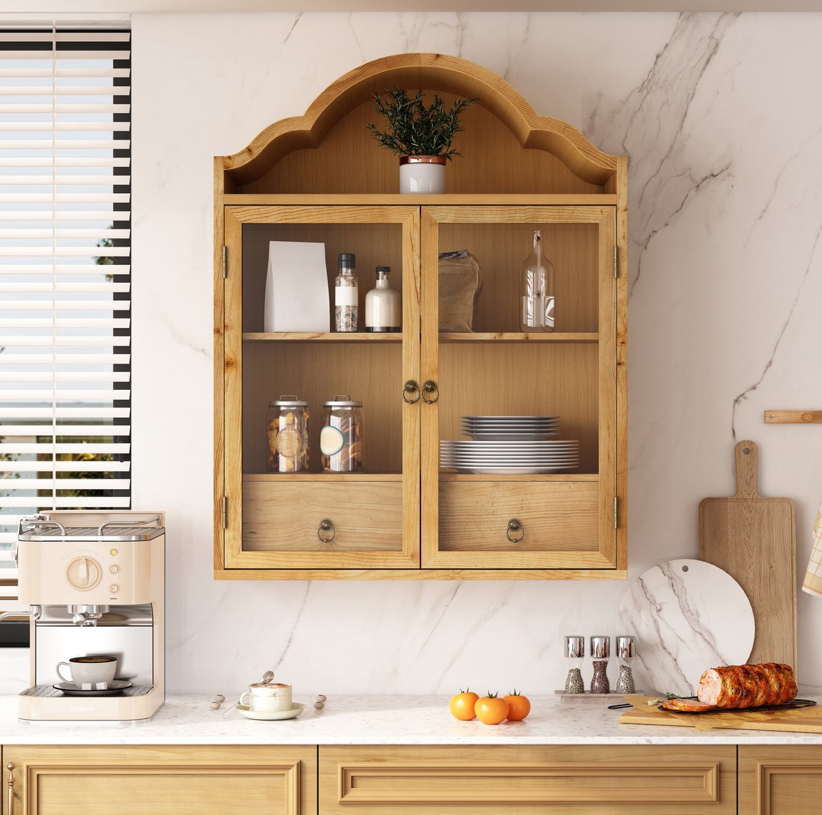 FloraGrace Wandschrank Retro Met Glazen Deuren En Laden Voor Keuken Badkamer Eetkamer En Woonkamer Hout Natuurlijk 60x22x76 5 Cm