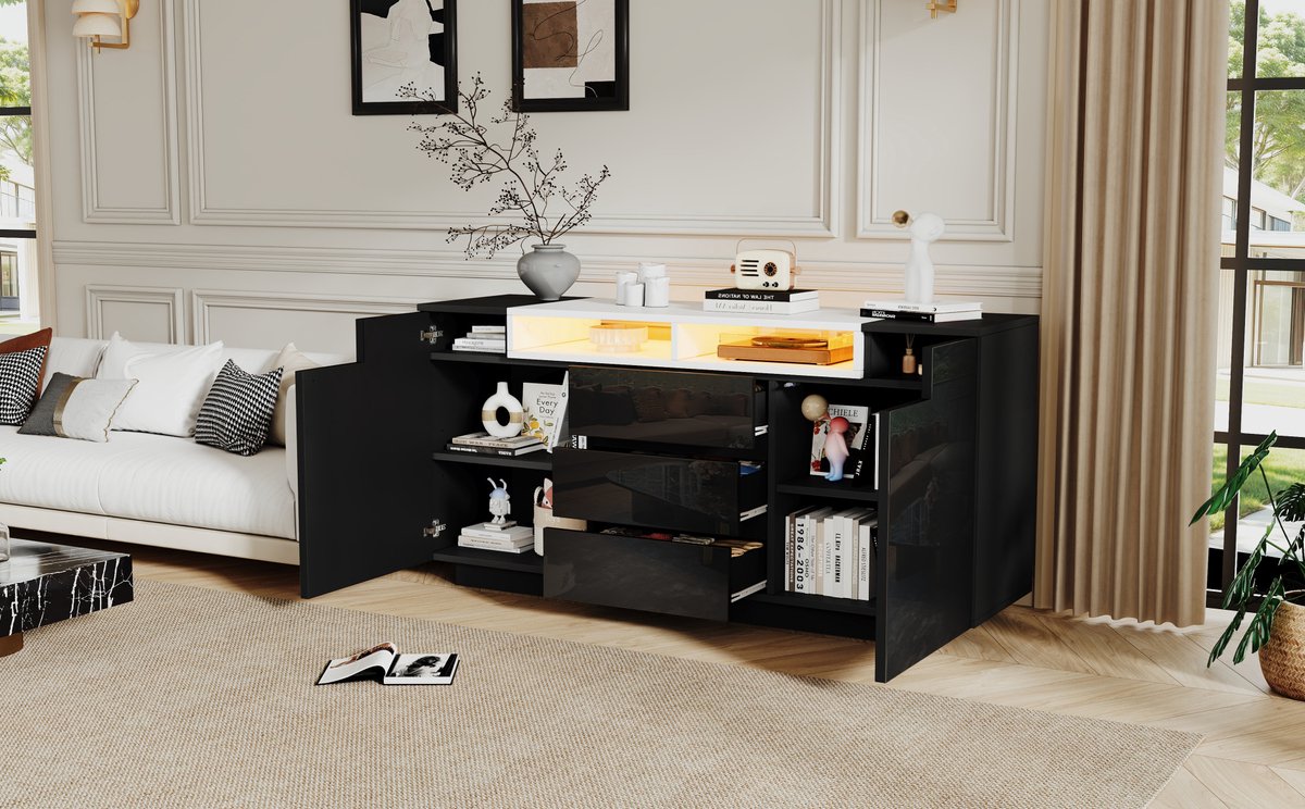 FloraGrace Dressoir - Hoogglans Front Met Ledverlichting En 3 Lades - 2 Deuren Voor Woonkamer - Spaanplaat - 140x40x68 Cm - Zwart