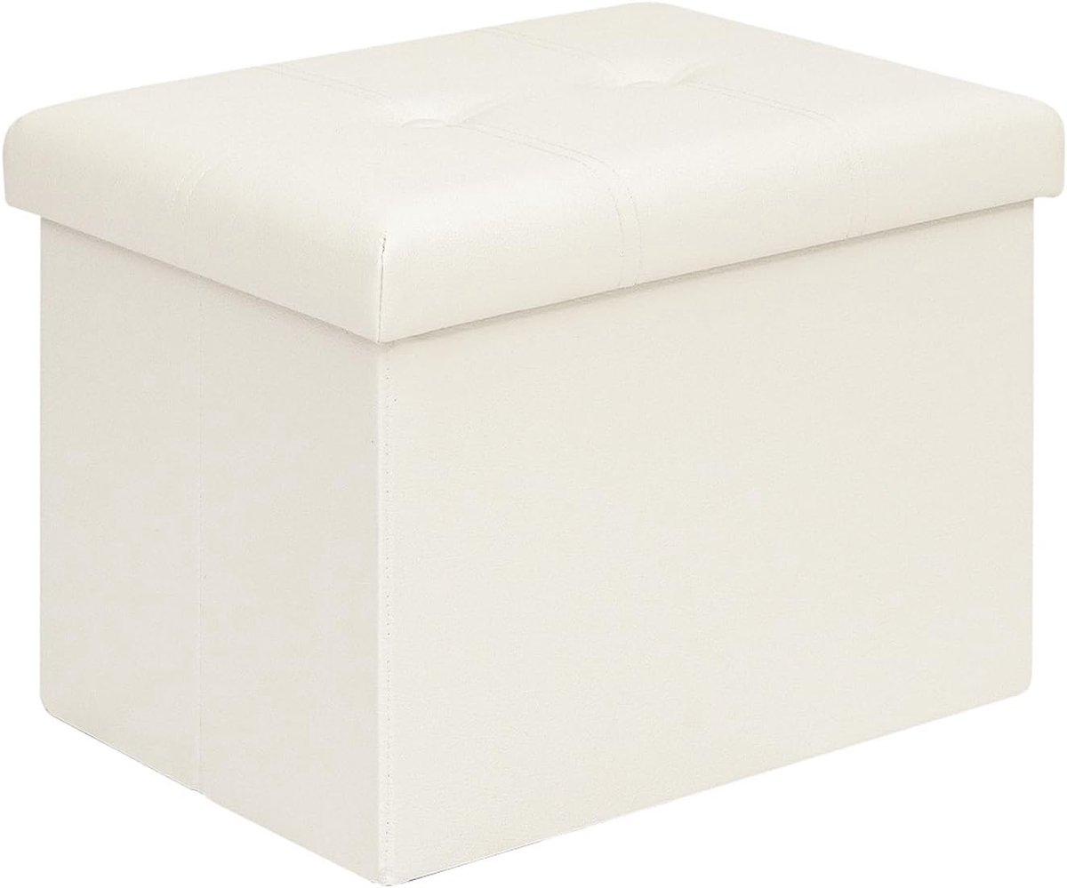 SnelShoppen - Opvouwbare Opbergkruk Kunstleer met Opbergruimte, Rechthoekige Bank met Harde Deksel, 42 x 32 x 32 cm, Wit voor Woonkamer, Hal en Meer