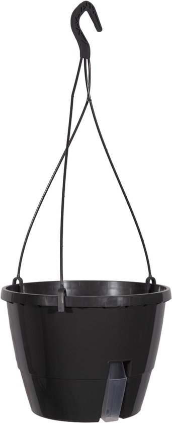 Zwarte hangpot met waterreservoir, zwart, met een waterindicator.