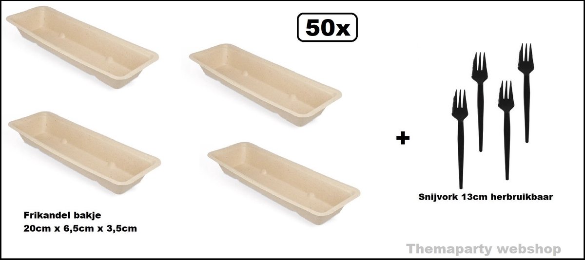 50x Bio Frikandelbakje A16 suikerriet + 50x Snackvork met snijrand zwart- Frikandel frites saus friet bakje snack diner
