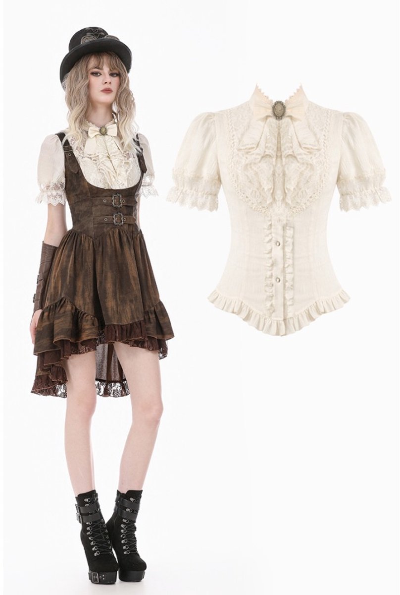Dark in Love - Daylight Verse Retro Victorian Lace Patchwork Puff Sleeve Slim Blouse - S - Wit