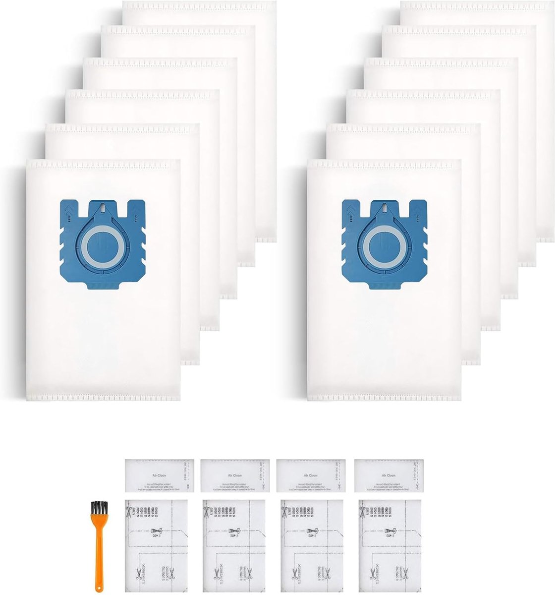 Set van 12 GN 3D stofzuigerzakken geschikt voor Miele Hyclean Classic C1 / Complete C2 / C3 / S2 / S5 / S8 serie, inclusief 4 motorfilters en 4 uitlaatfilters
