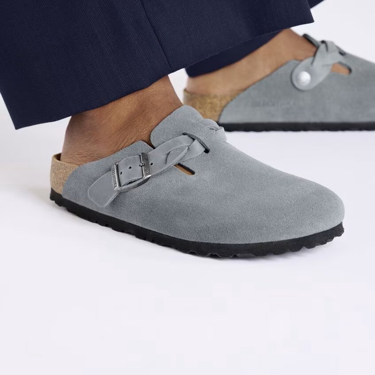 Birkenstock Slipper Boston Braided 1029086 Basalt Smal Grijs