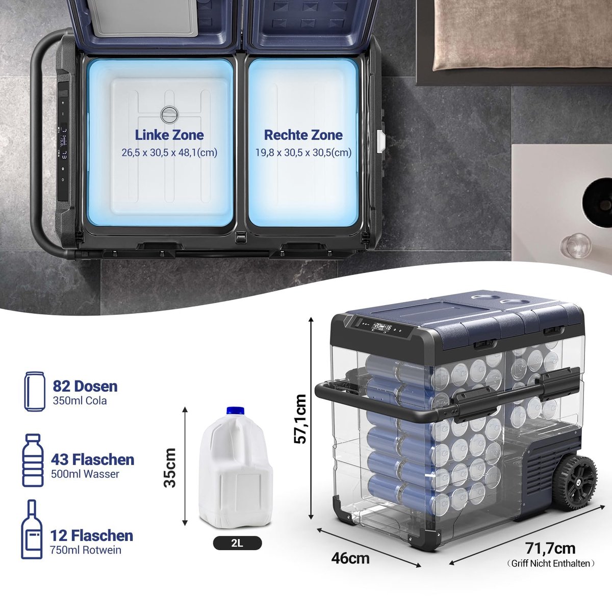 SnelShoppen - AAOBOSI Compressorkoelbox 55 Liter met USB-aansluiting, Elektrische Autokoelbox tot -20 °C, Dubbele Deuren en Twee Zones voor Camper, Vr