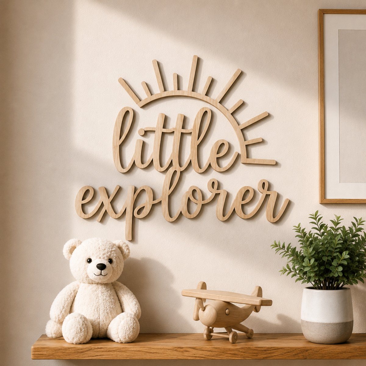 Houten Muurdecoratie "Little Explorer" – 40 x 40 cm – 5 mm Multiplex – Kinderkamer Wanddecoratie – Natuurlijk Hout