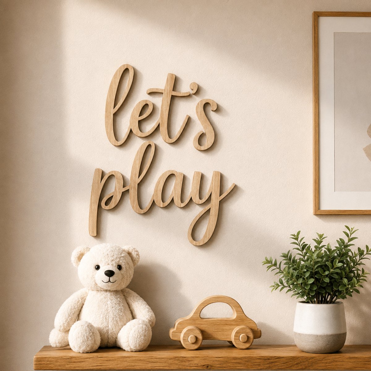 Houten Muurdecoratie "Let's Play" – 40 x 40 cm – 5 mm Multiplex – Kinderkamer Wanddecoratie – Natuurlijk Hout - baby