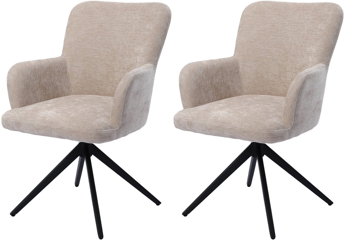 HomeMiYN Eetkamerstoelen set van 2 - Draaibare eetkamerstoel 360° met armleuning - Beige stoffen eetkamerstoel , zachte bekleding en stabiele metalen basis voor keuken, woonkamer en eetkamer