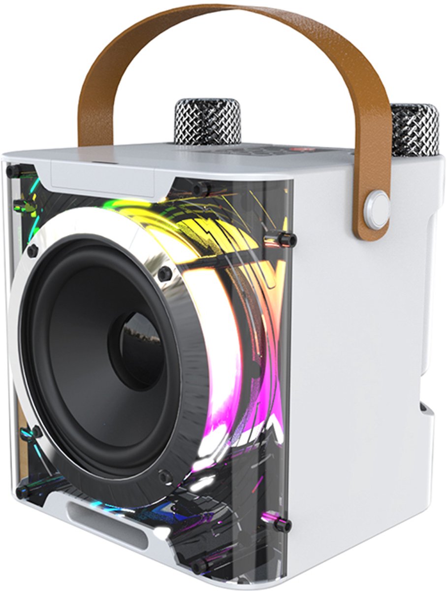 CrystalBeam Karaoke Speaker met 2 Draadloze Microfoons – Bluetooth 5.3 – RGB Verlichting – Wit – 829