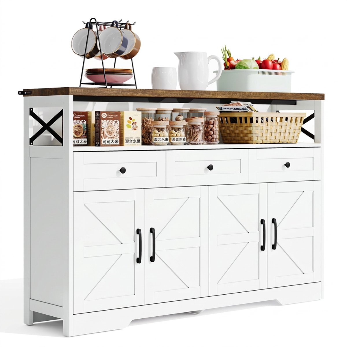 Landelijk dressoir-buffetkast met 3 lades en koffiebar – 140 cm-wit&bruin-voor woonkamer en hal